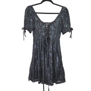 NWT‎ Cosmic Aura Black Butterfly Goth Witchy Babydoll Dress S Front Lace Up Puff